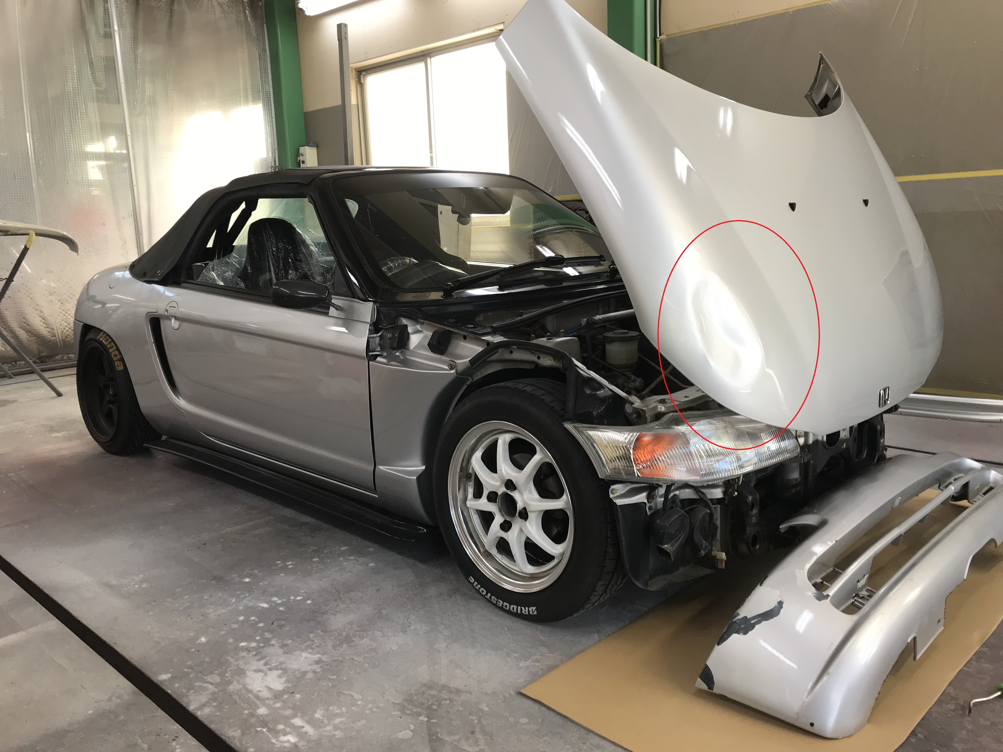 ホンダ　ビート　　鹿とごっつんこ　WRC　ラリージャパン　対向車がラリーカー　豊田市　　板金塗装